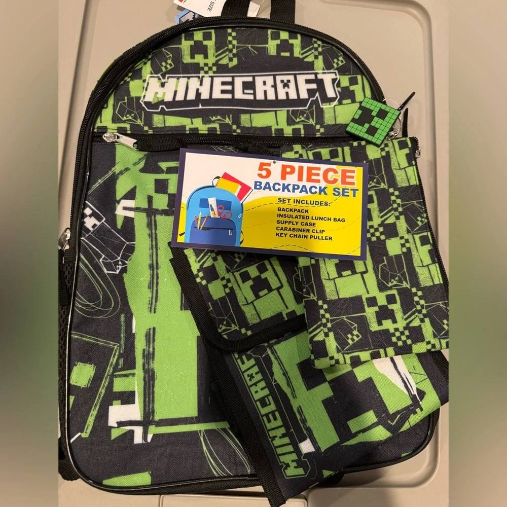 NWT Bioworld Boys Minecraft‎ Backpack Set Creeper with Lunchbox & Accessories